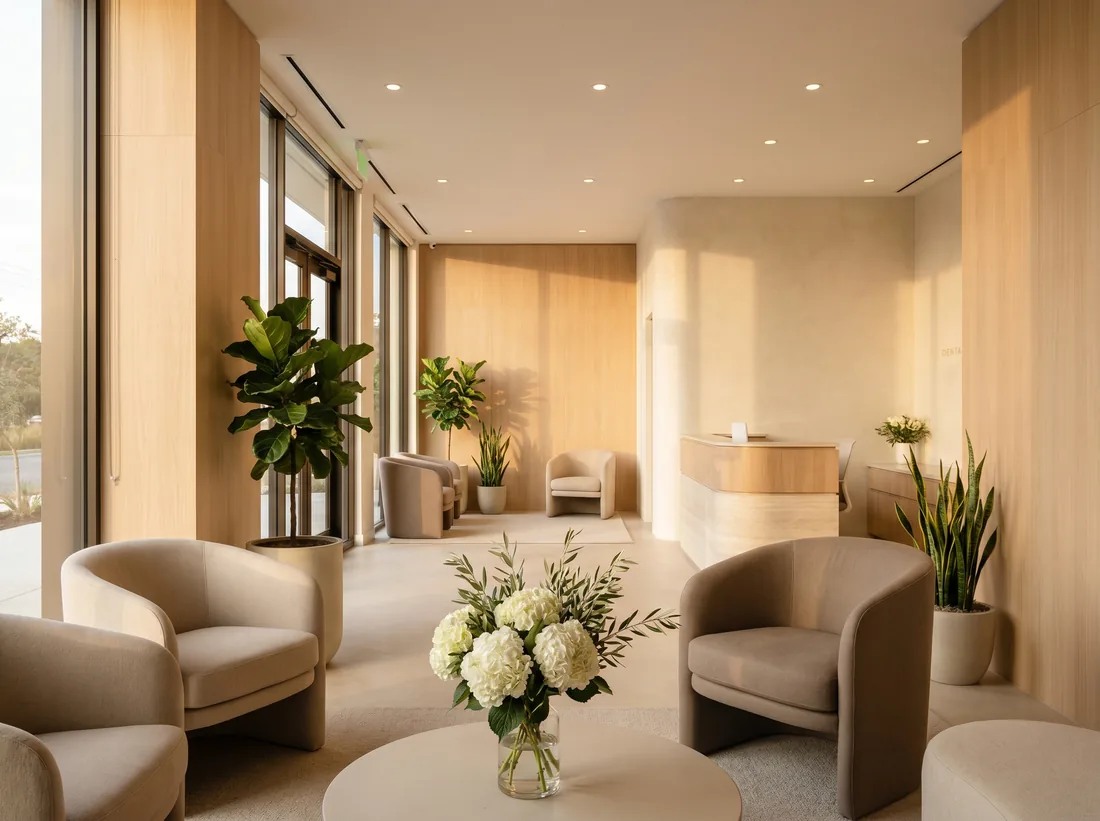 The calm, modern reception at Drs. Whitlow & Trepp in Greenwich