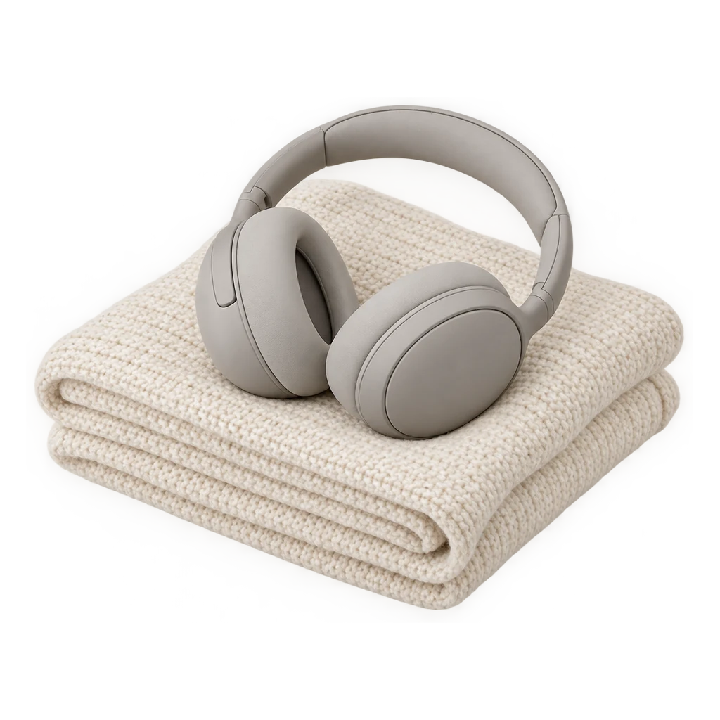 Soft headphones resting on a folded knit blanket