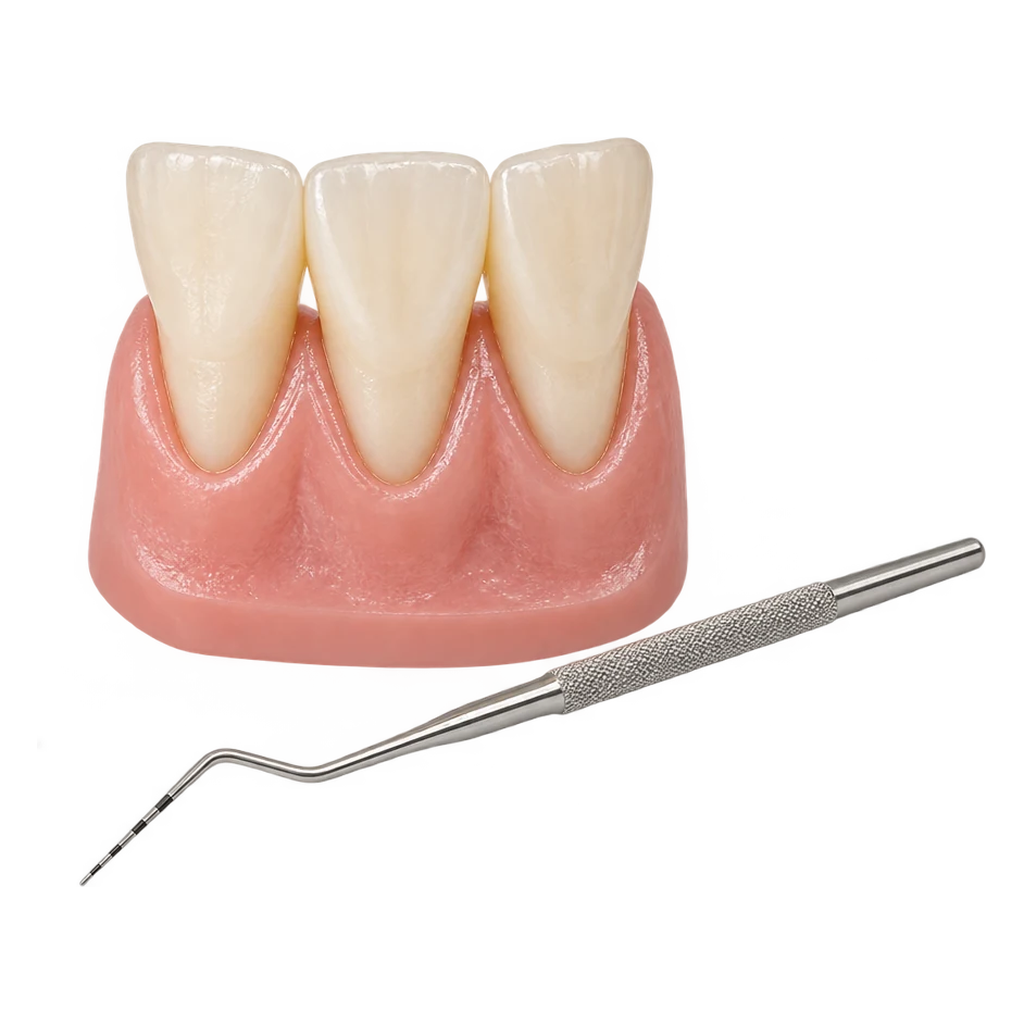 Dental model of lower teeth in healthy gums with a periodontal probe