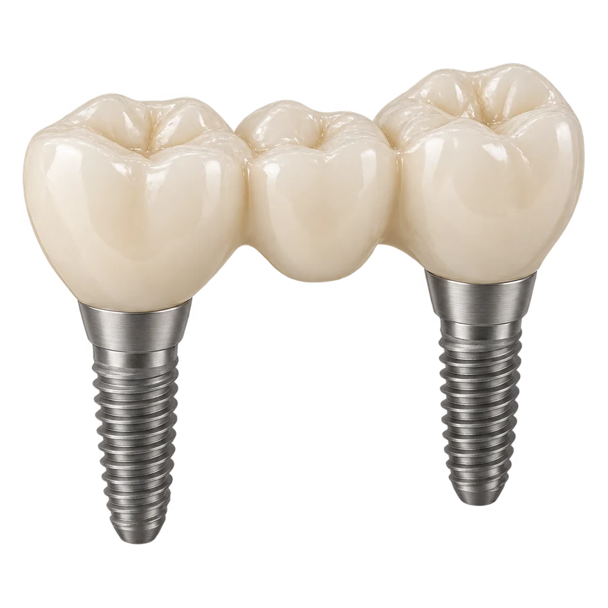 Three-unit ceramic bridge supported by two dental implants