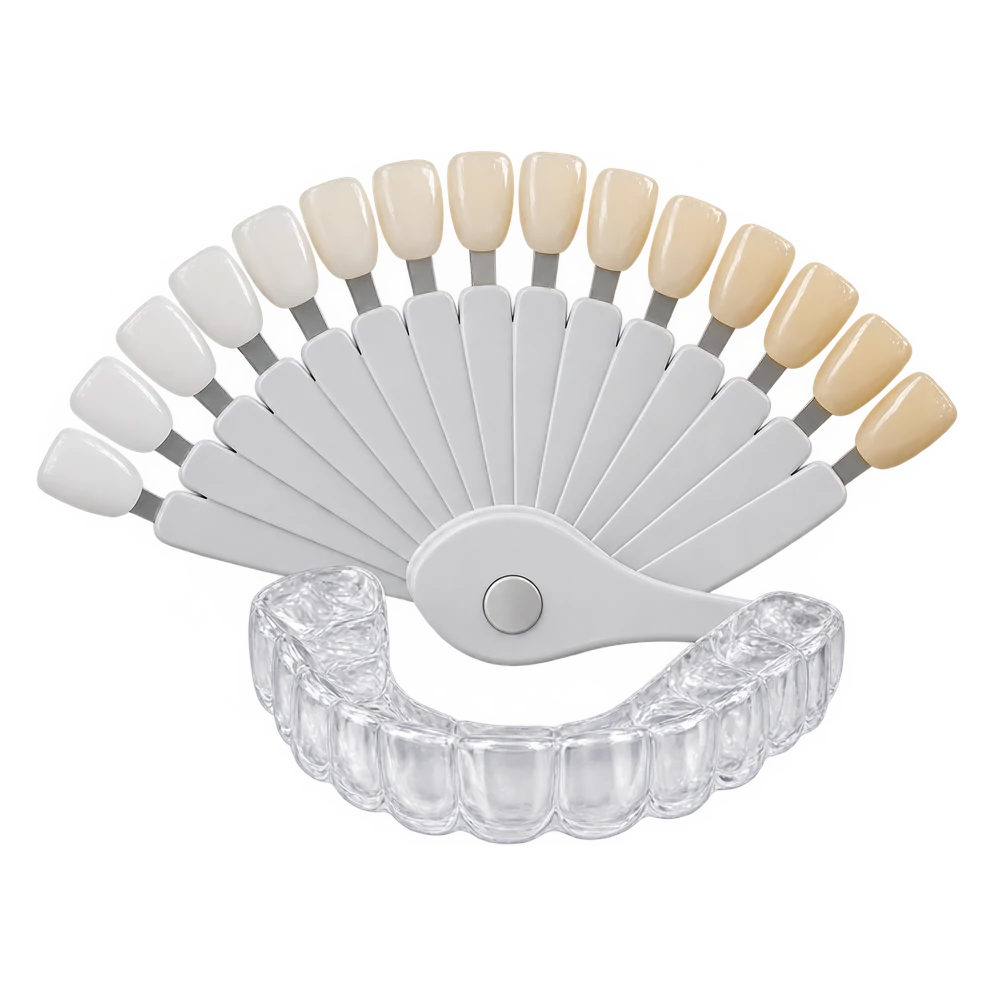 Tooth shade guide with a clear whitening tray